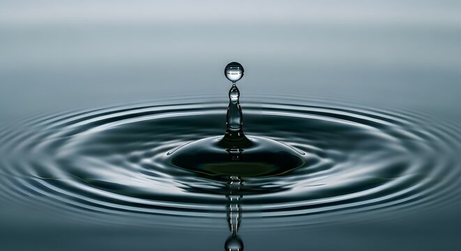 Close-up of a water droplet creating ripples on the surface of a calm body of water under soft lighting conditions - Powered by Adobe