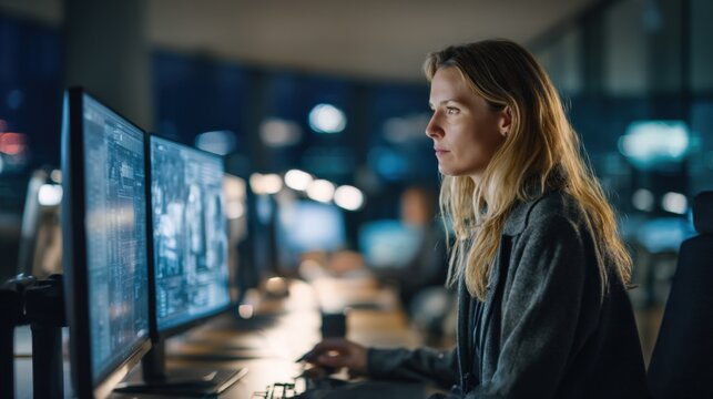Female professional working diligently on dual monitors late at night, showcasing focus and determination