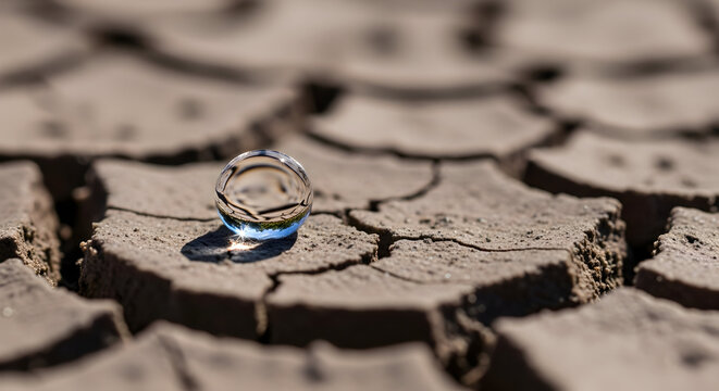 A single drop of water rests on parched earth, symbolizing the scarcity and preciousness of water resources