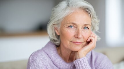 Elegant Mature Woman with Silver Hair: Close-Up Portrait of Serenity and Confidence at Home