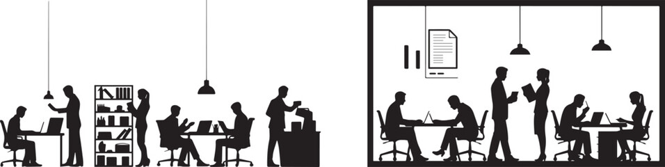 Office silhouette vector illustration of people working and meeting together now