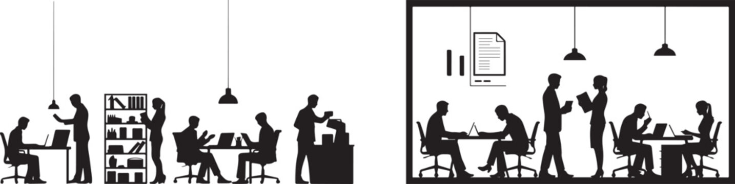 Office silhouette vector illustration of people working and meeting together now