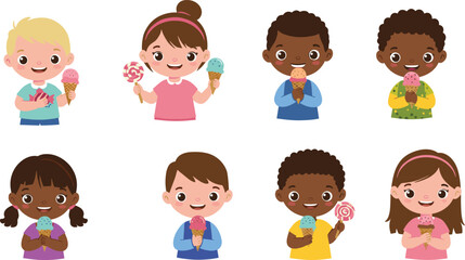 Happy cartoon children holding ice cream and lollipops, diverse kids enjoying sweet treats, colorful vector for playful educational themes