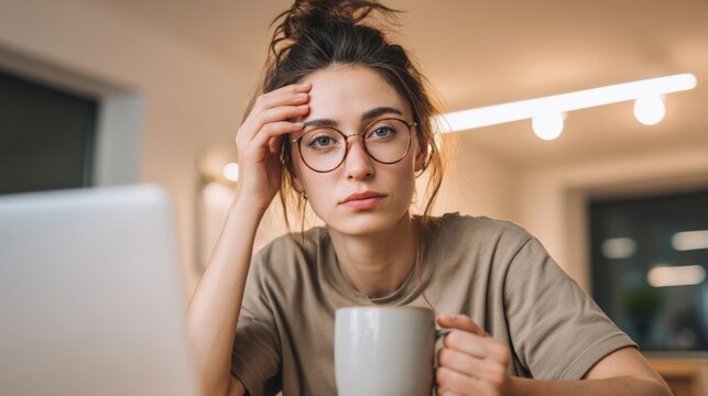Tired Woman Working From Home with Laptop and Coffee, Feeling Overwhelmed and Stressed