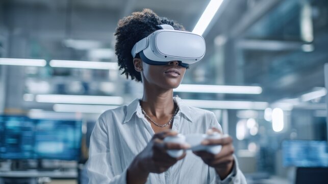 Female Engineer Immersed in Virtual Reality Simulation Using Headset and Controller for Advanced Technological Development