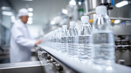 Bottled Water Production Line: Manufacturing Process with Quality Control and Automated Conveyor System in a Factory