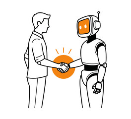 A human and a robot shaking hands, symbolizing partnership and technological integration.
