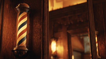 Barber pole with red, white, and blue stripes, mounted on wooden wall, vintage barbershop interior with mirror and warm lighting, closeup, copy space.