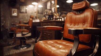 Barber chair with brown leather upholstery, vintage barbershop interior with mirrors and grooming products, warm lighting, closeup, copy space.