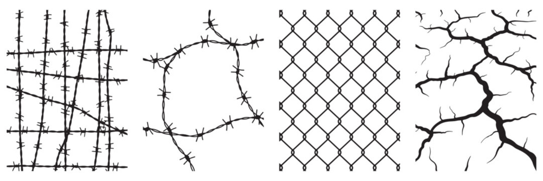 Illustrative Black and White Textures Featuring Barbed Wire Chain Link Fence and Crack Patterns for Digital Art Design and Resources