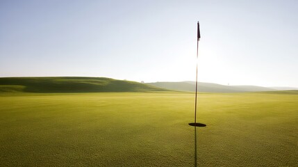Golf flagstick on green, sunlit golf course with rolling hills under clear sky, wide view, copy space.