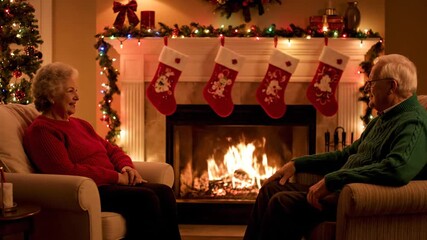 Cozy holiday moments senior couple conversing by a warm fireplace decorated - Powered by Adobe