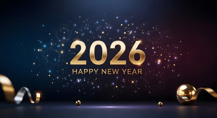 Golden 2026 Happy New Year text with sparkling lights and ribbons image
