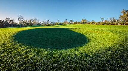 Golf course green with circular shadow, sunlit landscape under clear blue sky with trees, wide view, copy space.