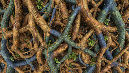 Intricate Network of Tree Roots with Moss and Small Green Sprouts Detailed CloseUp Macro View with Earthy Tones and Natural Textures