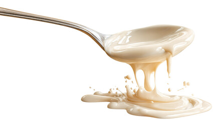 Fototapeta premium Condensed milk flowing down from spoon isolated on transparent white background,