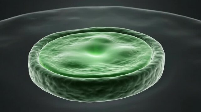 Green glowing cell under microscope highlighted in science video.