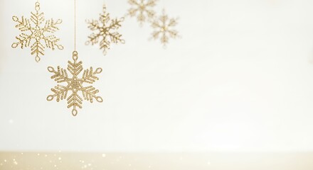 Elegant Golden Sparkling Snowflakes Hanging on a Soft White Background for Winter Holiday Decorations and Greetings