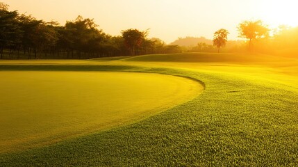 Golf course green with golden sunset light, sunlit landscape with trees and clear sky, wide view, copy space.