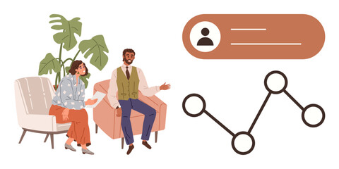 Two professionals seated on chairs discussing, accompanied by networking diagram and user profile visual. Ideal for collaboration, communication, teamwork, social connection, user interface
