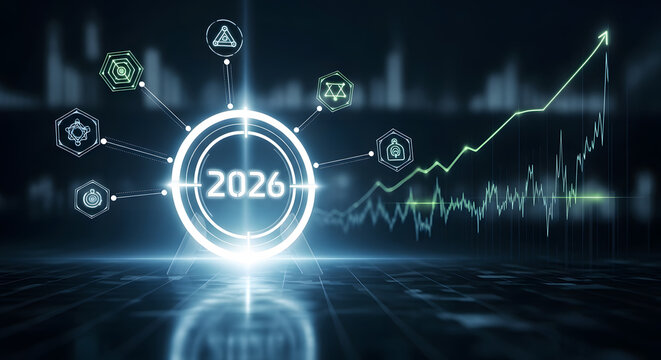 Futuristic glowing circle with the year 2026 and digital data connections