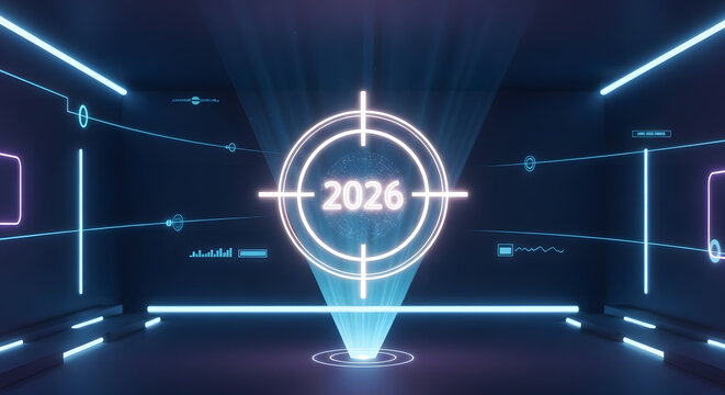 Holographic projection of the year 2026 within a futuristic neon lit tunnel - Powered by Adobe
