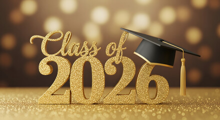 Golden class of 2026 graduation cap and celebratory numbers with bokeh background