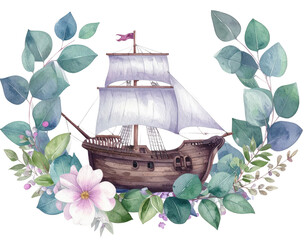 Watercolor illustration of a vintage sailing ship adorned with a floral wreath.