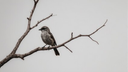 A small bird perched on a bare tree branch against a pale sky.