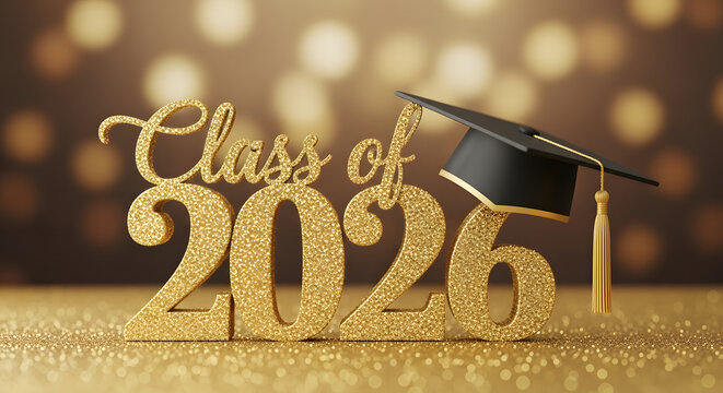 Golden class of 2026 graduation cap and celebratory numbers with bokeh background