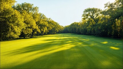 Golf course fairway with lush green grass, sunlit landscape with trees and clear sky, wide view, copy space.