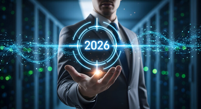 Businessman holding a futuristic holographic display showing the year 2026