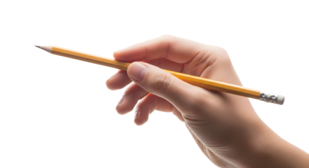 Close-up of a hand holding a yellow pencil, ready to write or draw on a blank white background