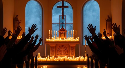Golden candlelight surrounds uplifted hands as snow drifts past frosted windows, creating an intimate winter chapel scene with gentle Christian symbolism.