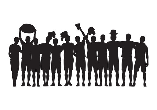  Team celebrating victory holding trophies and awards in silhouette