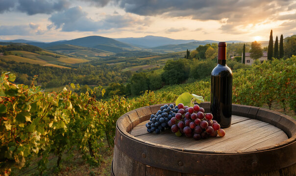 Indulge in the rustic charm of a vineyard vista with aged wine, sun-ripened grapes and rolling hills, offering a taste of tranquility and timeless elegance