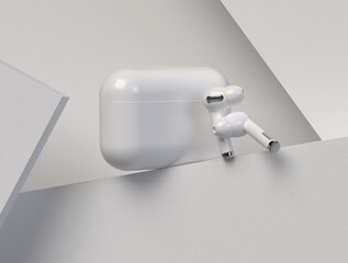 Airpod wireless earphone noise cancelling technology with charging case. Bluetooth headphones gadgets and electronic devices.