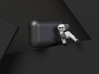 Airpod wireless earphone noise cancelling technology with charging case. Bluetooth headphones gadgets and electronic devices.