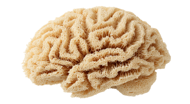 A close-up view of a brain coral shows a detailed pattern of curving lines and shapes in a natural light