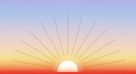 A minimalist graphic illustration of a sunrise or sunset with a gradient sky and radiating sun rays.
