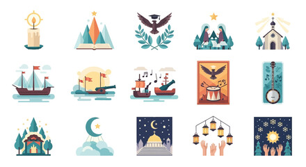 A collection of flat design icons depicting historical exploration, religious symbols, cultural elements, and traditional objects.