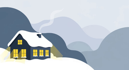 A cozy house with glowing windows nestled in a snowy winter landscape with rolling hills.
