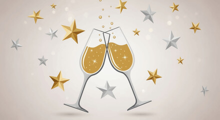 Two elegant champagne flutes clinking together amidst a shower of gold and silver stars, symbolizing celebration and festivity.