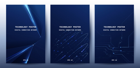 Futuristic digital blue line technology poster set, glowing lines innovation and connection network background for tech event poster or presentation product business