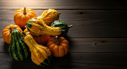 Assortment of Autumn Gourds and Pumpkins on Wooden Surface fall harvest