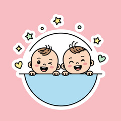 Adorable Twin Babies Peeking Over a Blue Bassinet Sticker.