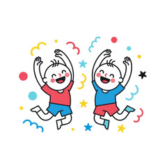 Two happy boys jumping with joy and confetti, celebrating success.