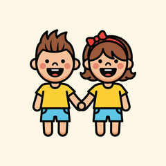 Two smiling children holding hands wearing yellow shirts and blue shorts.