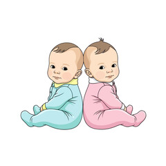 Two adorable baby twins sitting back to back, one in blue and one in pink, looking at the viewer.
