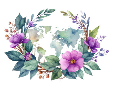 Watercolor World Map with Floral Wreath.
